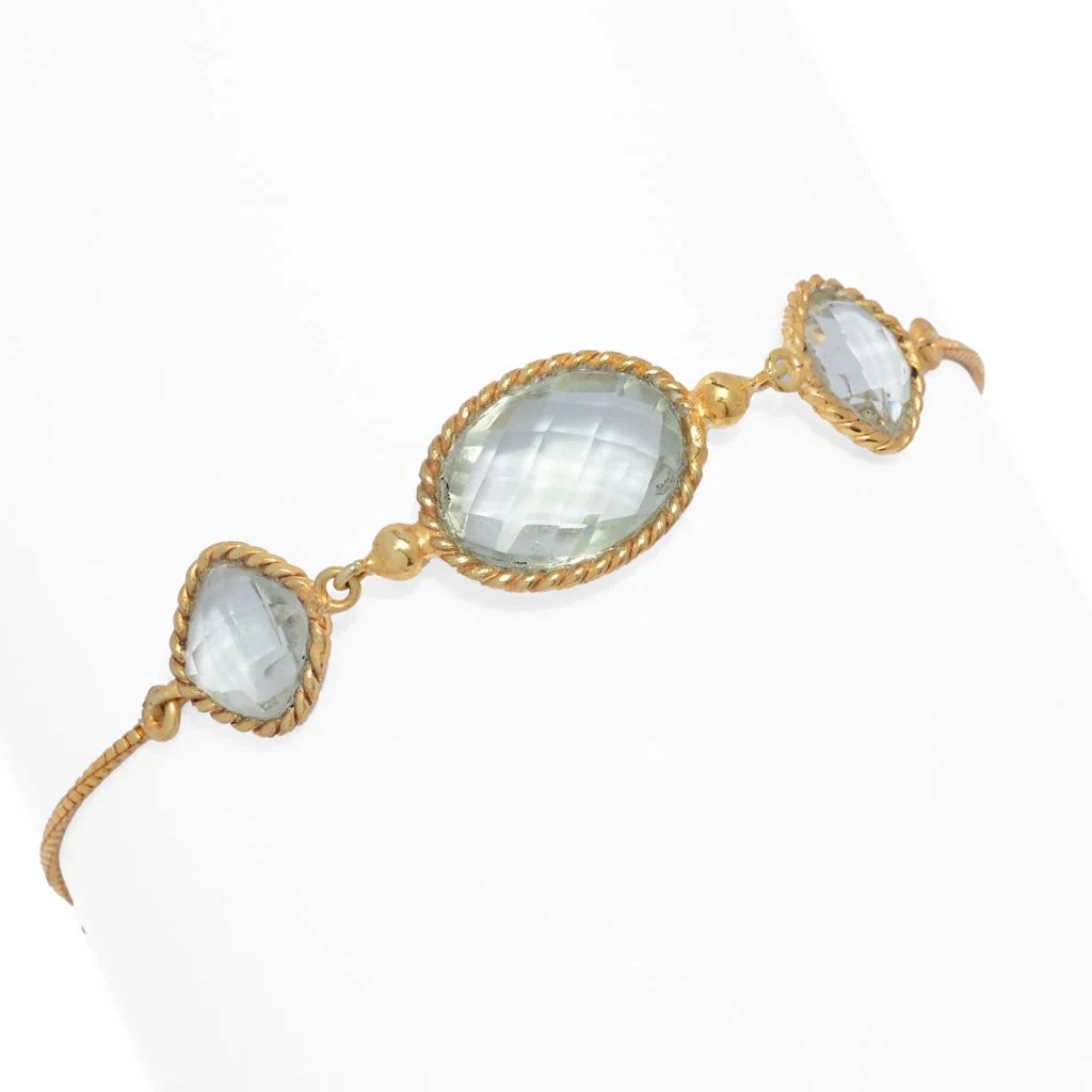 18K Gold Plated 9.19ctw Prasiolite 3-Stone Bolo Bracelet