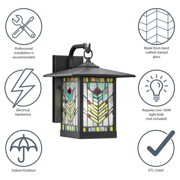 Tiffany-Style Lighting 11.75" 1-Light Prairie Craftsman Style Stained Glass Outdoor Lantern Wall Sconce - Image 10